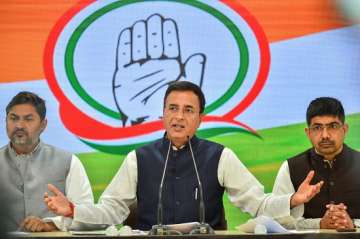 Congress Spokesperson Randeep Singh Surjewala addresses a press conference at AICC, in New Delhi