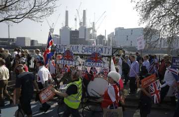 Pro-Brexit leave the European Union supporters take part in the final leg of the "March to Leave" al