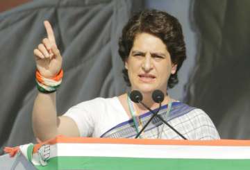 Congress party General Secretary Priyanka Gandhi Vadra during her debut speech on Lok Sabha election campaign during a public meeting at Adalaj in Gandhinagar. India's national election will be held in seven phases in April and May as Prime Minister Narendra Modi's BJP seeks a second term. (AP Photo/Ajit Solanki)
 