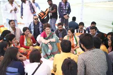 Priyanka Gandhi interacting with Allahabad University students during first leg of her boat ride. 