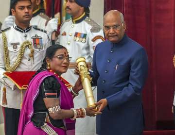 Folk singer from Chhattisgarh Teejan Bai receives Padma Vibhushan from President Ram Nath Kovind(unseen) during 'Padma Awards 2019', at Rashtrapati Bhavan in New Delhi