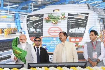 Prime Minister Narendra Modi flags off the Noida City Centre - Noida Electronic City Section of the Metro, at Greater Noida
