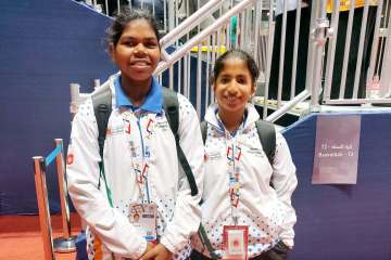 Special Olympics Jyothi A (left) and Rincy Biju (right) of the SO Bharat women's basketball team