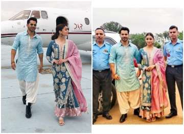 Alia Bhatt and Varun Dhawan twinning in blue as they land in Jalandhar to promote drama Kalank