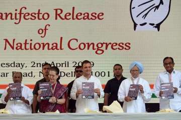 Congress President Rahul Gandhi with senior party leader Sonia Gandhi and Dr. Manmohan Singh releases party's manifesto for Lok Sabha election 2019