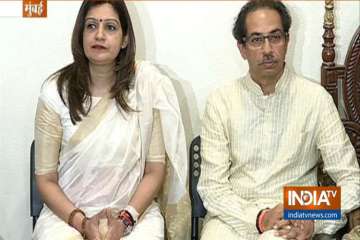 Priyanka Chaturvedi and Uddhav Thackeray addressing the media in Matoshree