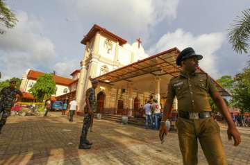 Sri Lankan army secure the area around St. Sebastian's Church damaged in blast in Negombo, north of Colombo, Sri Lanka