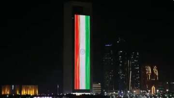 The flag of India displayed on the facade of the ADNOC building UAE 