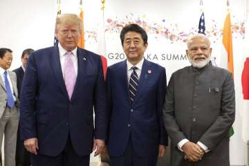 US President Donald Trump, Japanese Prime Minister Shinzo Abe, PM Narendra Modi on the sidelines of the G-20 summit. 