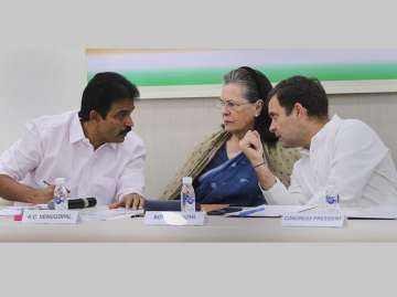 Congress President Rahul Gandhi with senior party leader Sonia Gandhi and KC Venugopal at the Congress Working Committee (CWC) meeting, in New Delhi 