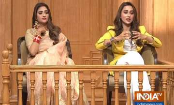 Nusrat Jahan and Mimi Chakraborty in Aap Ki Adalat with India Tv Editor-in-Chief and Chairman Rajat Sharma