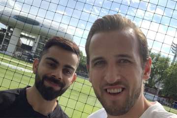 English footballer Harry Kane shows off his bowling skill against Virat Kohli at Lord's