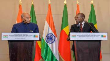 President Ram Nath Kovind and his Beninese counterpart Patrice Talon during the the press statements at the Presidential Palace of the Marina, in Cotonou