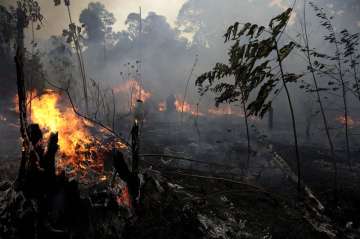 Brazilian firefighters toil in Amazon region hazy with smoke
