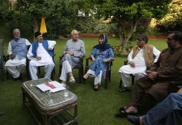 Farooq Abdullah, Omar Abdullah, Mehbooba Mufti in all party meeting in Srinagar on Saturday (August 