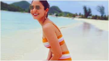 Anushka Sharma Latest news, Posing in a fun bright coloured swimwear, Anushka Sharma painted a happ