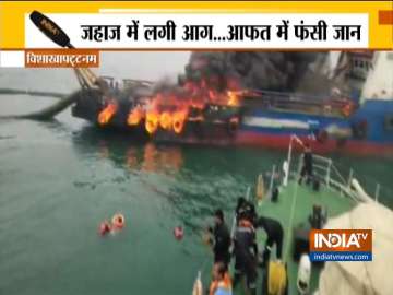 Massive fire engulfs offshore support vessel in Visakhapatnam, 29 crew members jump into water | WATCH