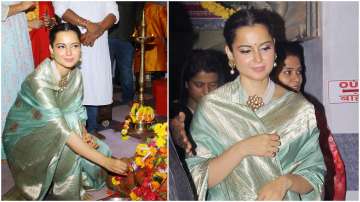 Kangana is an epitome of beauty in this beautiful powder blue silk saree