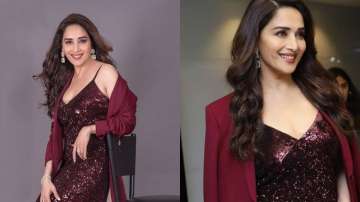 Madhuri Dixit looks gorgeous in her V neckline maroon sequined dress See pics