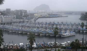 Fishing boats are anchored in port as Typhoon Lingling approaches to Korean peninsular on Jeju Islan