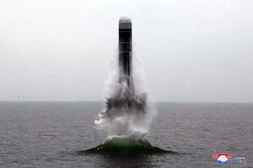 An underwater-launched missile lifts off in the waters off North Korea's eastern coastal town of Wonsan.?
?