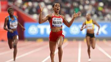 Salwa Eid Naser of Bahrain crosses the finish line to win the Women's 400 Metres final during day seven of 17th IAAF World Athletics Championships Doha 2019 at Khalifa International Stadium on October 03