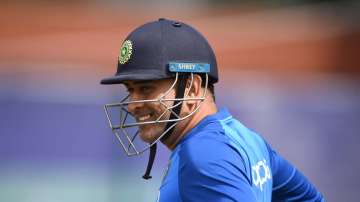 MS Dhoni of India prepares to bat during a net session at Old Trafford on July 08, 2019 in Manchester, England