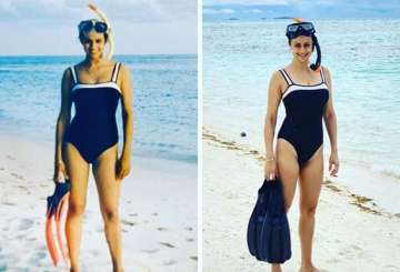 "Then and now. Back in Maldives after twenty years! My Marks & Spencer swimsuit still going strong," Gul captioned the image.