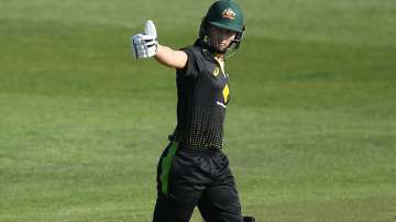 Meg Lanning of Australia gestures to Alyssa Healy of Australia during game three of the Women's Twenty20 International Series between Australia and Sri Lanka at North Sydney Oval on October 02 (GETTY)