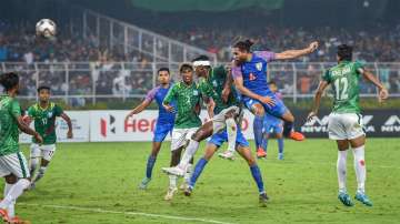 India's defender Adil (6) scores a goal during FIFA World Cup Qatar-2022 Qualifier match against Bangladesh, at Salt Lake Stadium in Kolkata, Tuesday