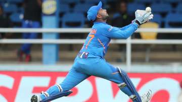 Rishabh Pant of India catches Carlos Brathwaite of the West Indies during the third ODI between the West Indies and India at the Queen's Park Oval on August 14