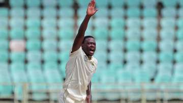 South Africa bowler Kagiso Rabada appeals unsuccessfully for the wicket of India's Mayank Agarwal during the first day of the first cricket test match between India and South Africa in Visakhapatnam, India.