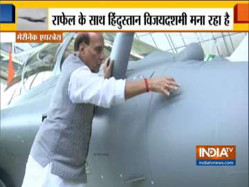 Rajnath Singh performs Shastra Puja in traditional style, marks 'Om' on Rafale