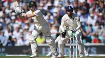 teve Smith of Australia bats watched on by Jonny Bairstow of England during Day Four of the 5th Specsavers Ashes Test between England and Australia at The Kia Oval on September 15, 2019 in London
