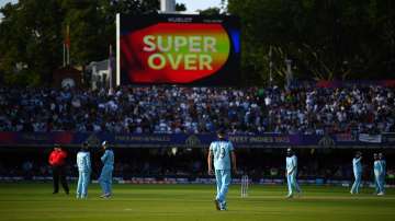 The scoreboard shows the Super Over sign at the end of the Final of the ICC Cricket World Cup 2019 between New Zealand and England at Lord's Cricket Ground on July 14