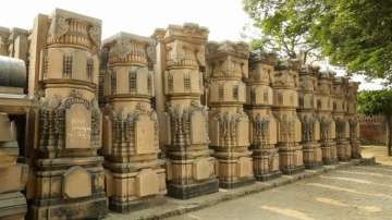 Carved stones are seen at the Ram Janmabhomi Nyas-run workshop at Karsevakpuram in Ayodhya.