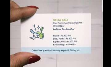 The card read: "Geeta Kale, Ghar Kaam Maushi in Bavdhan (Geeta Kale, household help in Bavdhan)." 
