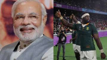 Narendra Modi (left); South Africa's Siya Kolisi celebrates after the Rugby World Cup victory (right).