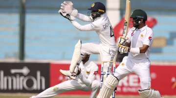 Pakistani batsman Babar Azam hits boundary against Sri Lanka during the second Test in Karachi, Pakistan.