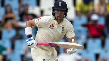 England's batsman Rory Burns makes a run as he watches his shot on day three of the first cricket test match between South Africa and England at Centurion Park