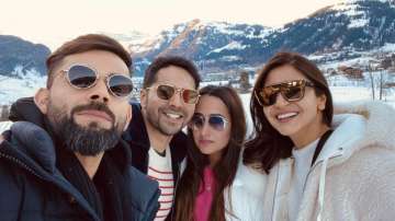 Anushka Sharma, Virat Kohli bumps into Varun Dhawan, Natasha Dalal for a happy picture at Switzerlan