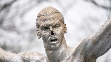 In this photo taken on Sunday, Dec. 22, 2019, the defaced statue of Zlatan Ibrahimovic is seen in Malmo