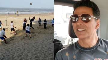 Akshay Kumar enjoys fun time playing beach volleyball with boys. Watch video