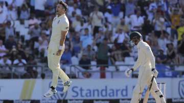 England bowler Jimmy Anderson celebrates the wicket of South Africa's Dwaine Pretorius during day two of the second cricket test between South Africa and England at the Newlands
