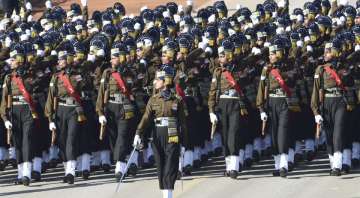 Captain Tania Sher Gill of Corps of Signals, the first woman Parade Adjutant, leads all-men continge