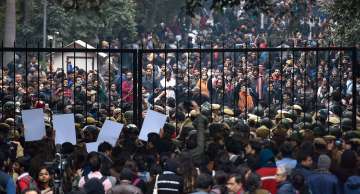  
New Delhi: Students stage a protest at main Gate of JNU over Sunday's violence, in New Delhi, Monday, Jan 6, 2020.
 