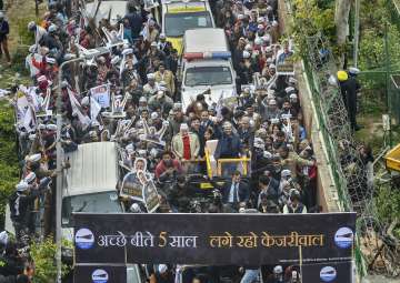 Arvind Kejriwal during his roadshow on Monday.