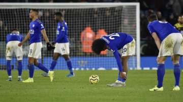 Leicester's Hamza Choudhury, centre reacts after the end of the English Premier League soccer match between Leicester City and Southampton at the King Power stadium in Leicester