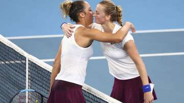 Madison Keys of the United States, left, is congratulated by Petra Kvitova of the Czech Republic, right, after their semifinal match at the Brisbane International