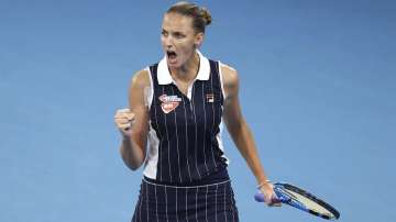 Karolina Pliskova of the Czech Republic reacts after winning a point during her final match against Madison Keys of the United States at the Brisbane International